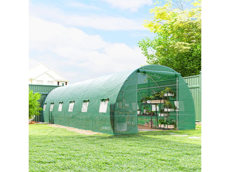  Serre tunnel de jardin 8 x 3 x 2 m avec 12 fenêtres et porte enroulable, acier et polyéthylène 140 gm², vert  - Conforama D