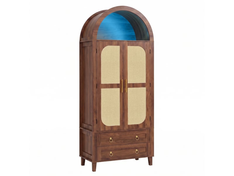 Armoire haute avec led réglable par application, 2 portes décor rotin, 2 tiroirs, noyer - Conforama D