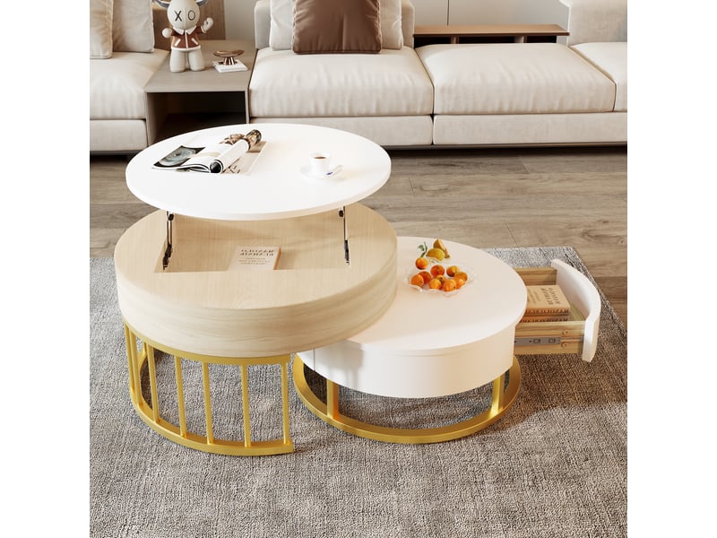  Combinaison de deux tables basses rondes (une grande et une petite), plateau réglable en hauteur, tiroir, structure en métal doré, aspect bois et blanc, corps en mdf, table de salon multifonctionnelle  - Conforama B