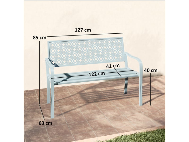  Banc de jardin 2 places, banc extérieur jardin en acier avec dossier ajouré, 127 x 63 x 85 cm, bleu  - Conforama E
