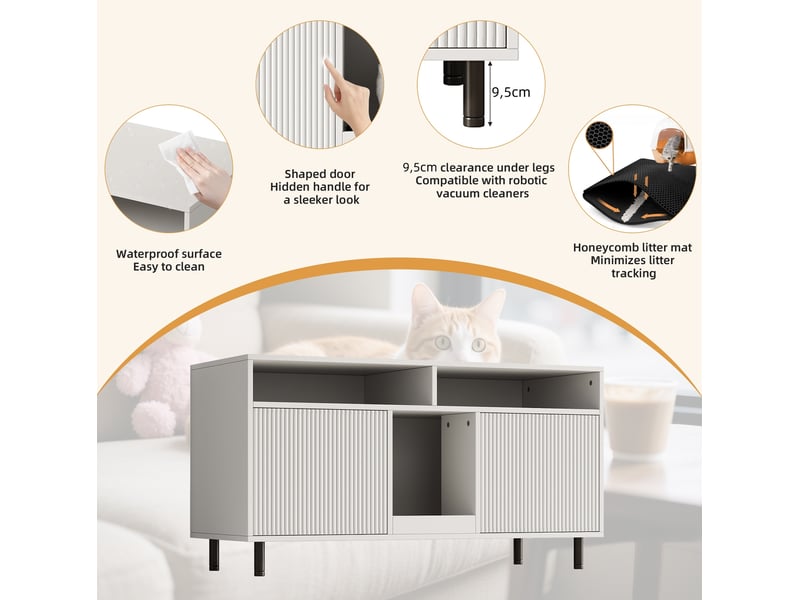  Meuble tv blanc pour litière féline 120 cm, rangement à 2 emplacements et tapis collecteur inclus, discret  - Conforama D