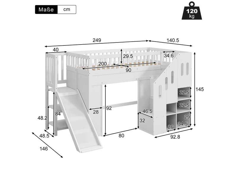 Lit mezzanine enfant 90x200 cm avec toboggan, escalier de rangement et led blanc - Conforama C