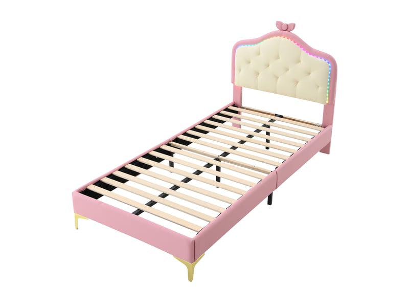  Lit enfant rembourré pu rose 90x200 cm, tête de lit ondulée avec nœud et led multicolore  - Conforama D