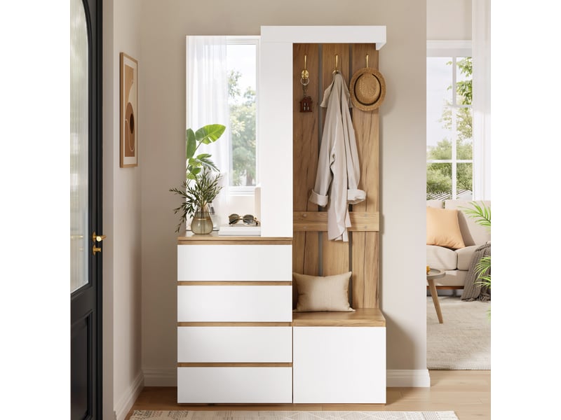  Portemanteau avec banc et rangement blanc et bois naturel  - Conforama W