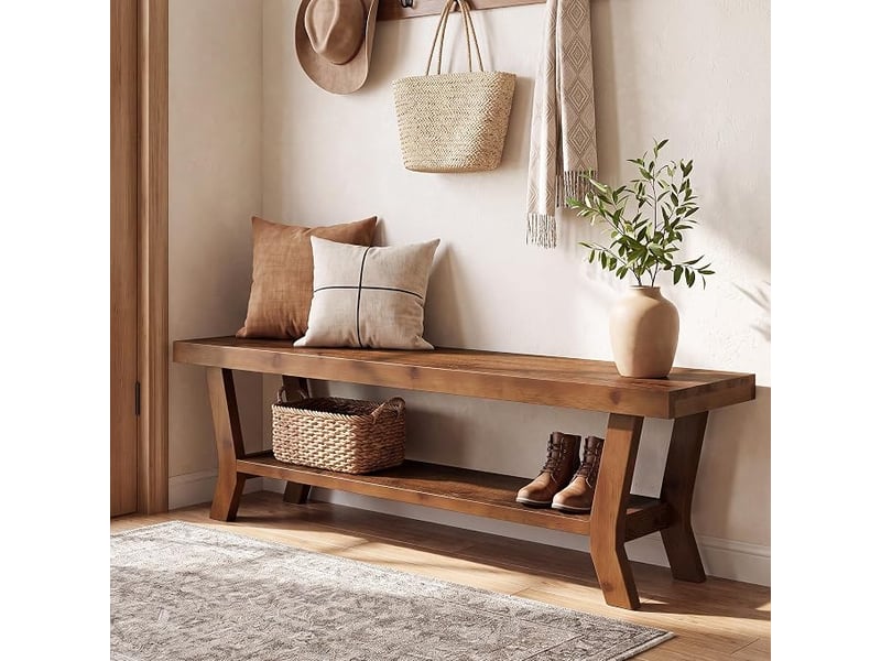  Banc en bois massif de 140 cm de long, banc d'entrée avec étagère à chaussures, banc de style campagnard pour couloir, chambre, dressing, marron  - Conforama C