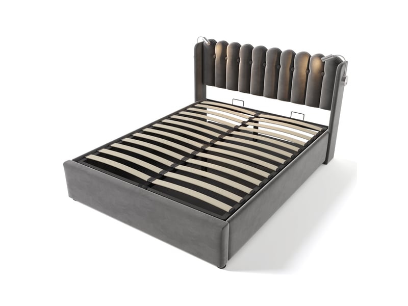  Lit double 160x200 cm gris en tissu, tête de lit lumineuse, ports usb et rangements, sans matelas  - Conforama D