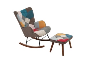 Fauteuil à bascule avec repose-pieds, fauteuil patchwork coloré rembourré, structure en bois et métal pour salon