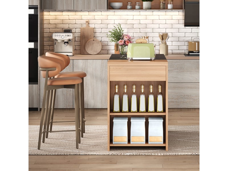  Îlot de cuisine 140x60x90 cm avec plateau épaissi, table de bar rectangulaire en mdf, aspect chêne et marbre noir, rangement 5 niveaux.  - Conforama R
