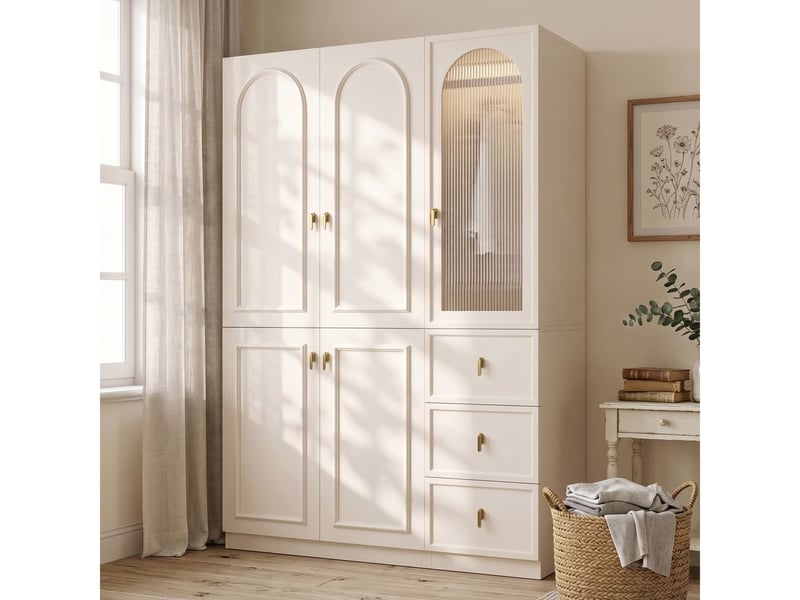  Armoire — blanche — 138 × 48 × 200 cm — 5 portes — 3 tiroirs  - Conforama B