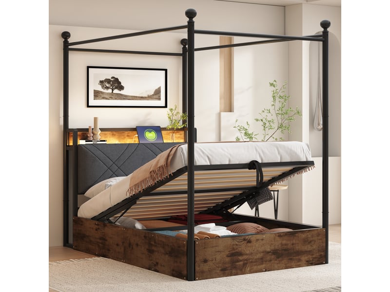  Lit coffre 90x190 cm - lit simple métal avec led intégrée et rangement hydraulique, ports usbtype-c, sans matelas, noir  - Conforama E