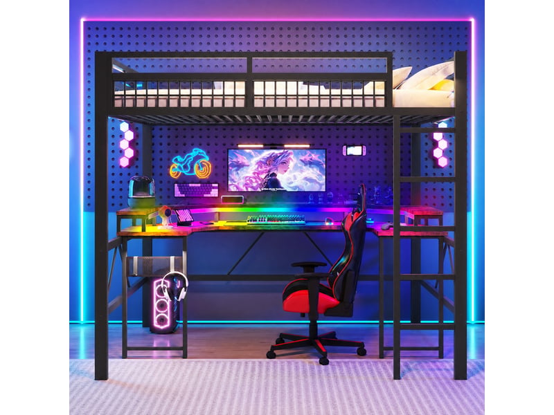  Lit mezzanine 140 x 200 cm en métal avec bureau, led multicolore et prises  - Conforama B