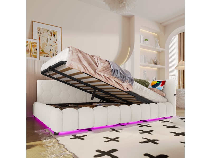  Lit banquette coffre 140x200 cm avec sommier à lattes, rangement hydraulique, bande led, ports usb et type-c, tissu effet polaire, blanc  - Conforama C