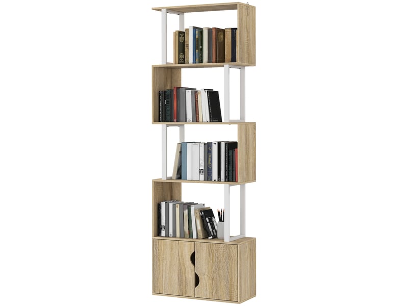  Bibliothèque à 5 niveaux, meuble de rangement avec étagères et placard double porte, 60 x 23,8 x 179,2 cm, bois naturel  - Conforama B