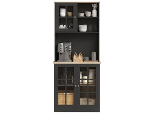 Buffet de cuisine, armoire haute, meuble avec plan de travail, 3 portes vitrées, noir, 72 x 37 x 183 cm