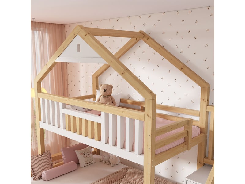  Lit superposé enfant 90 x 200 cm structure en bois escalier intégré 2 tiroirs de rangement toit à pignon finition blanche et chêne conforme à la norme en 747  - Conforama D