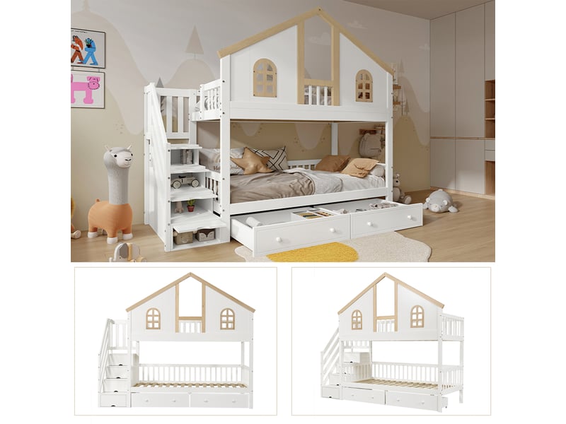 Lit superposé maison blanc et naturel 90×200 cm, escalier de rangement, grands tiroirs, fenêtres, à assembler - Conforama D