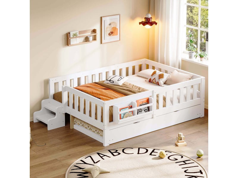  Lit enfant 140x200 cm avec lit gigogne 90x190 cm, bibliothèque intégrée, marche d’accès, garde-corps, sommier à lattes, bois massif et mdf blanc  - Conforama C