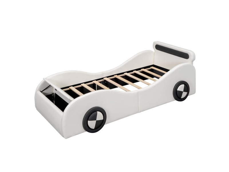  Lit enfant 90x200 cm en forme de voiture, roues lumineuses et rangement, blanc, sans matelas  - Conforama A