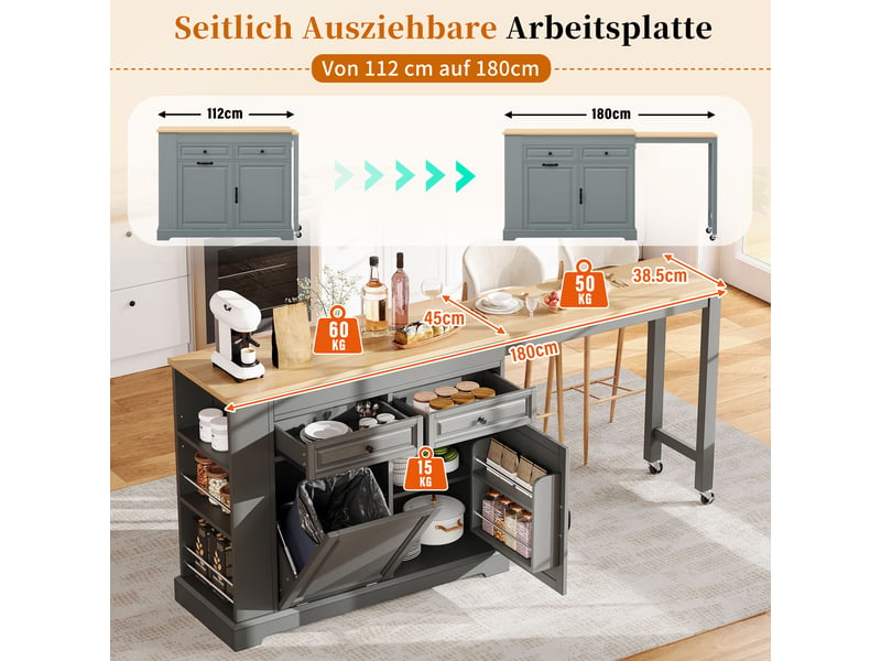  Îlot de cuisine sur roulettes plateau extensible 112-180 cm meuble poubelle 2 tiroirs gris  - Conforama D
