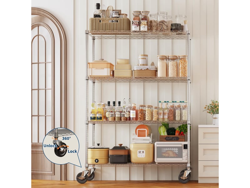  Rayonnage métallique étagère chromée ultra-résistante 4 niveaux, 4 roulettes, 119x46x180cm, cuisine garage cellier bureau pro PHK_3AFQ76HG - Conforama C