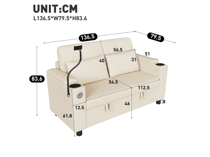Canapé 2 places avec rangement, usb et usb-c en velours côtelé homvra - Conforama E