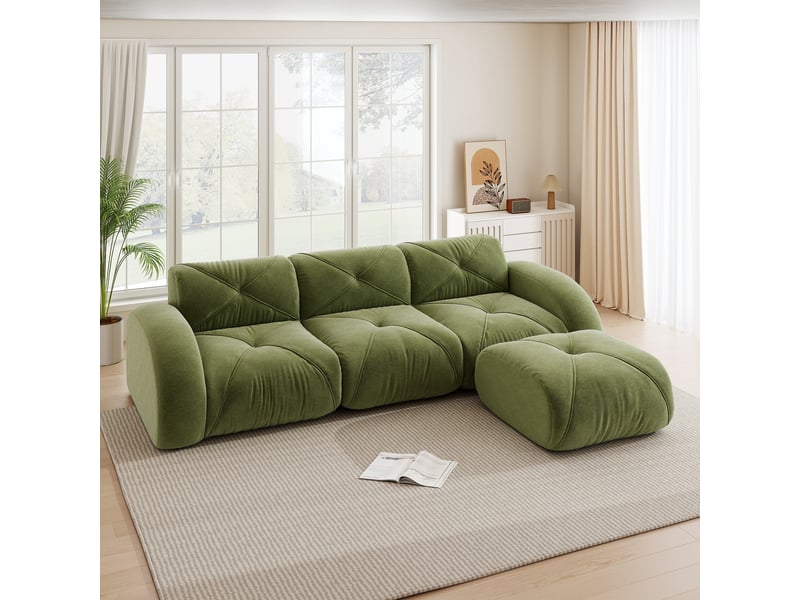 Canapé modulaire d'angle avec assise en chenille, structure sans cadre et confort moelleux, vert - Conforama D