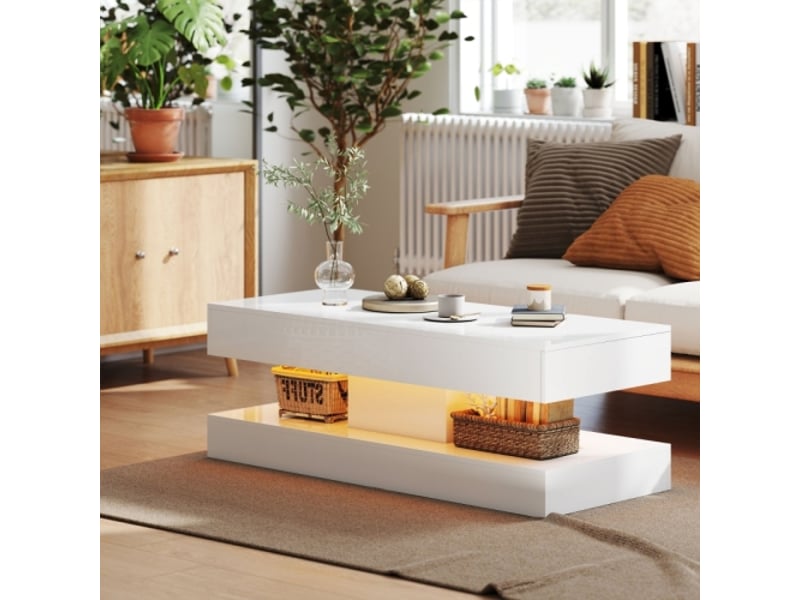 Table basse blanche moderne avec tiroirs et éclairage led, rangement ouvert, panneau de particules - Conforama B