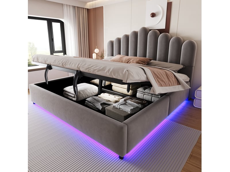 Lit coffre 180 × 200 cm 2 places avec led multicolore et rangement hydraulique, sans matelas, en velours gris - Conforama C