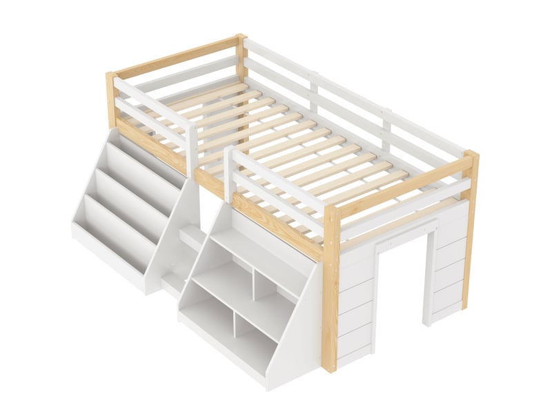 Lit surélevé 90 x 200 cm avec led via application et rangements ouverts, lit simple en pin blanc et naturel avec garde-corps et échelle - Conforama E