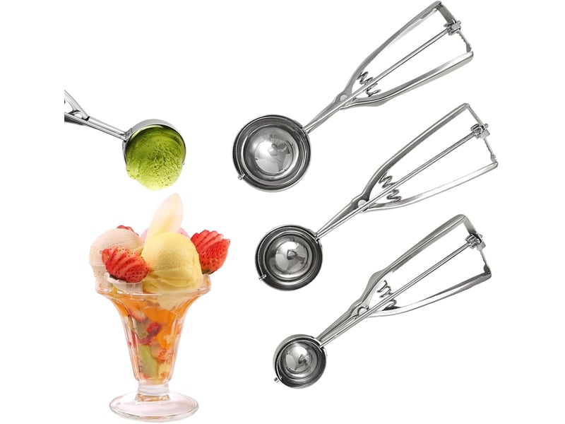  Lot de 3 cuillères à glace en acier inoxydable avec déclencheur - différentes tailles - pour glace, pâte à gâteau, melon, biscuits, fruits  - Conforama A