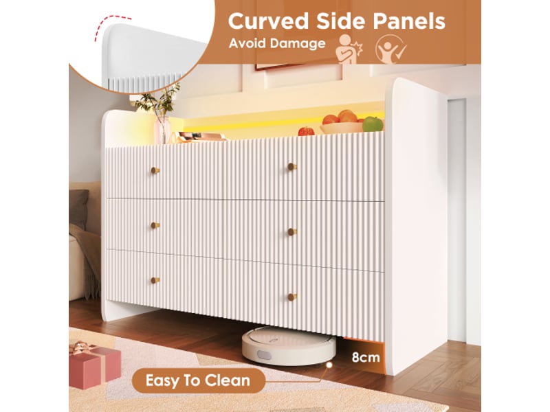  Buffet, commode avec éclairage led et 6 tiroirs design rainuré ondulé, armoire polyvalente pour salon et chambre,120x40x75cm,blanc  - Conforama E