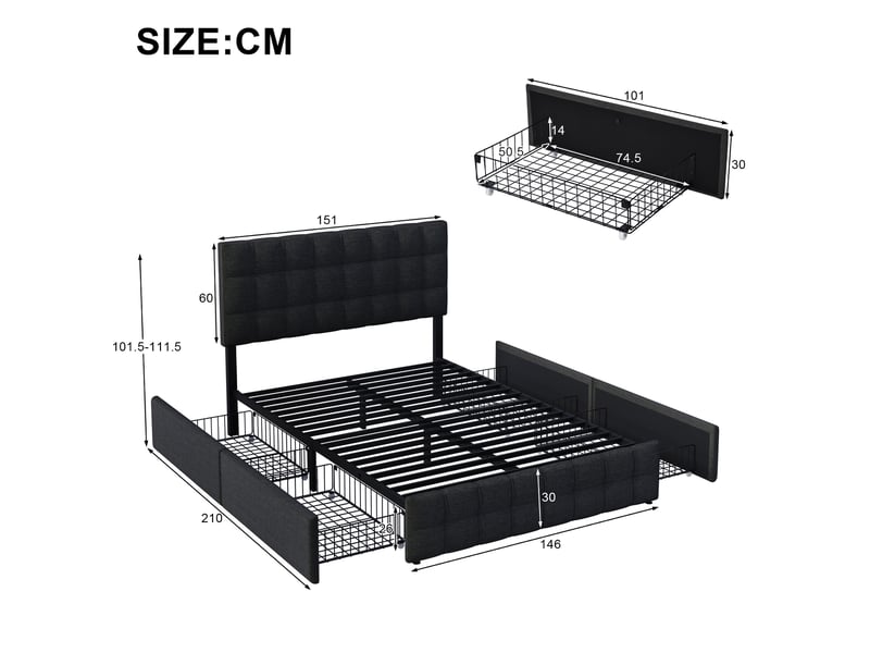  Lit double 140x200 avec 4 tiroirs, tête de lit capitonnée réglable, sommier à lattes, revêtement lin noir  - Conforama E