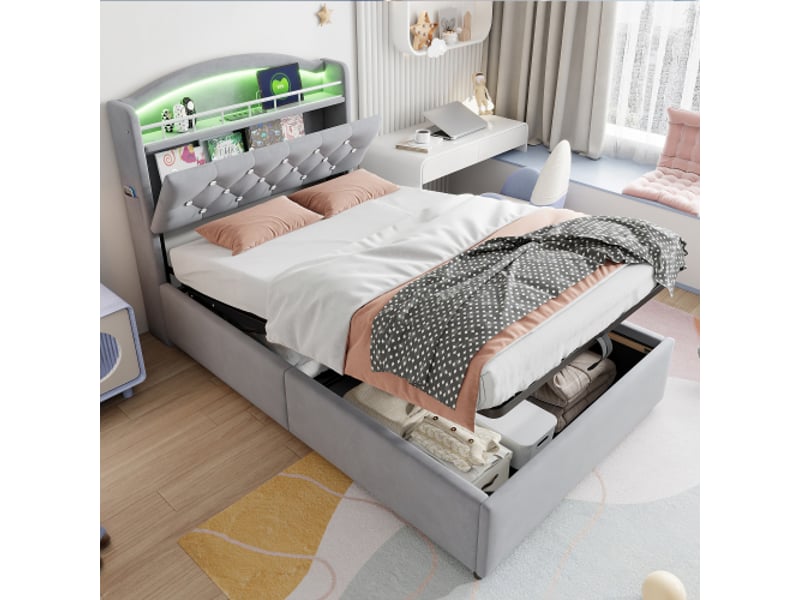  Lit coffre 90x200 cm, lit enfant avec rangement, led et usb, en velours, gris  - Conforama B