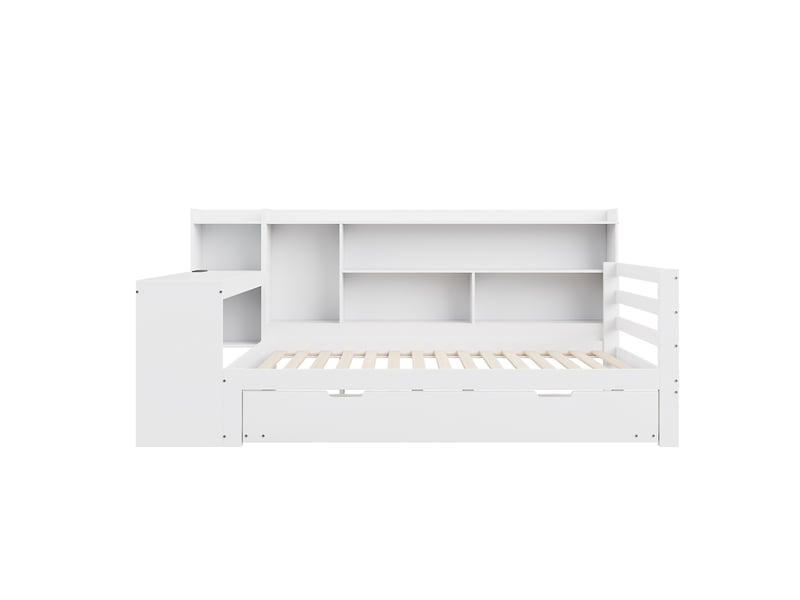  Lit gigogne 2 places 90x200 cm en bois avec bureau, rangements, prise et usb, matelas non précisé, blanc  - Conforama E