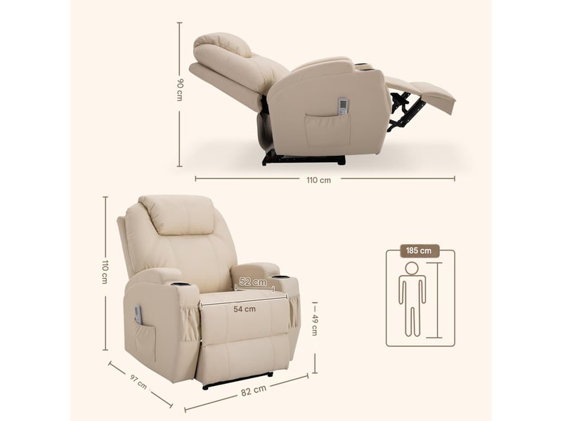  Fauteuil de relaxation et massage électrique en synthétique pu crème 82x97x110 cm  - Conforama C
