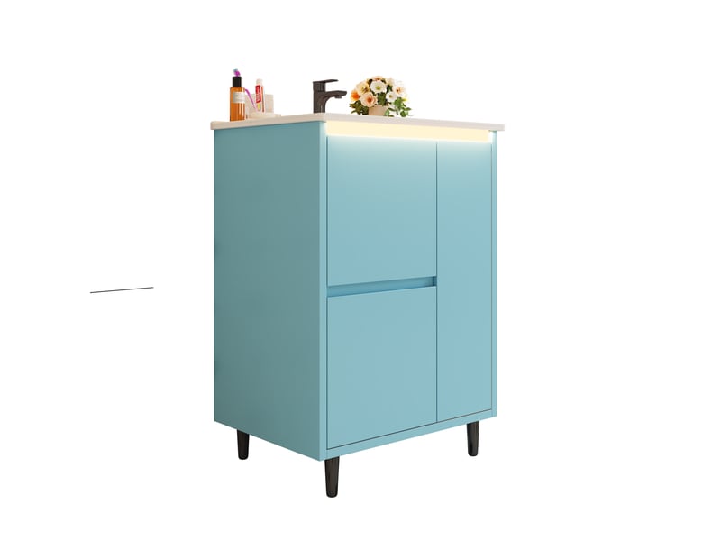  Meuble sous vasque avec 1 porte et 2 tiroirs, vasque en céramique, pieds hauts, salle de bain, 61×46,5×87 cm  - Conforama A