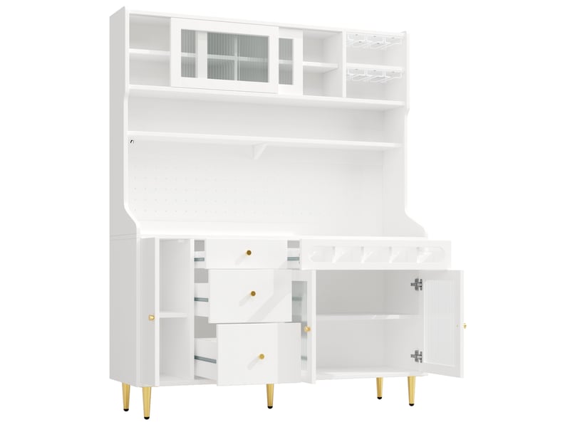  Vaisselier haut 145x39x171 cm – blanc – éclairage led connecté, rangements ajustables, tiroirs et range-bouteilles  - Conforama D