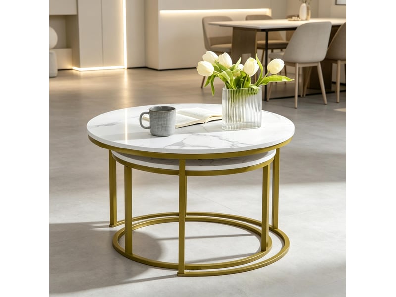 Lot de 2 tables basses gigognes rondes plateau effet marbre blanc et structure en métal doré  - Conforama B
