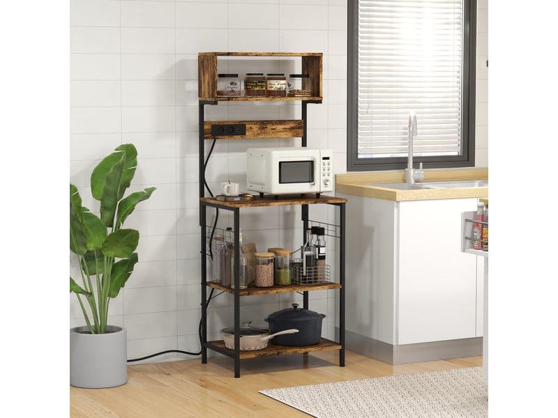  Étagère de cuisine support pour micro-ondes avec 2 prise de courant et 2 chargeurs usb, 5 crochets et étagère réglable  - Conforama D