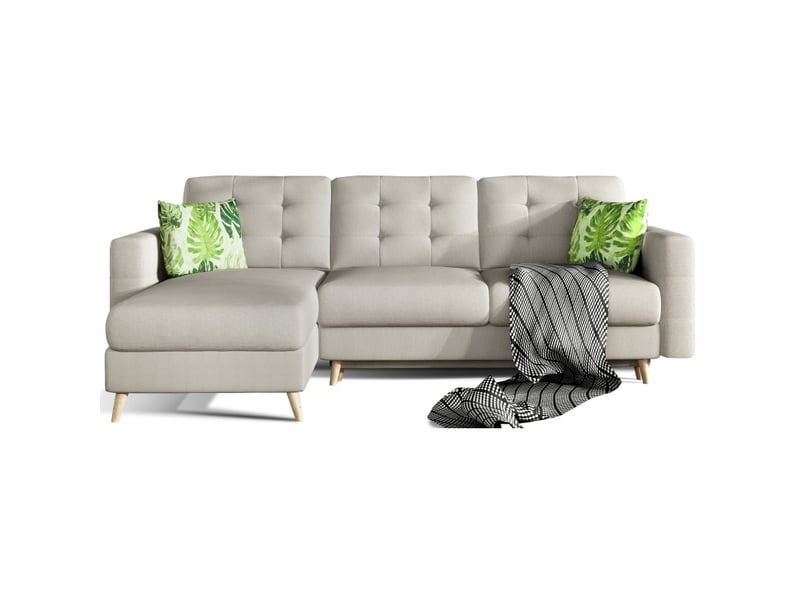 Canapé d'angle convertible hasgard 3 places beige 248x162 cm – coffre et pieds bois - Conforama A