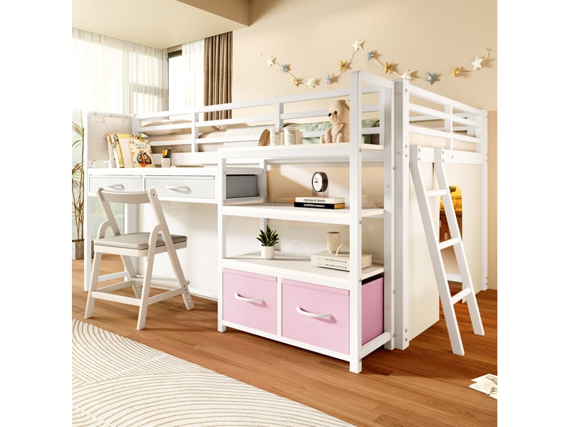 Lit mezzanine 140x200 cm blanc avec bureau, rangements et éclairage led - Conforama B