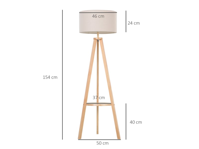  Lampadaire trépied avec structure en bois naturel, abat-jour en tissu beige et compartiment de rangement intégré, 50 x 50 x 154 cm  - Conforama E