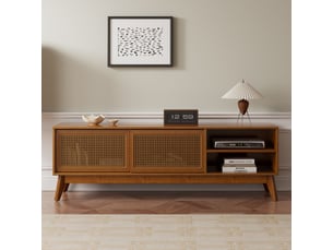 Meuble tv 59'' rotin - style mid-century, compatible tv 65'' - pieds bois massif, portes rotin - finition noyer clair