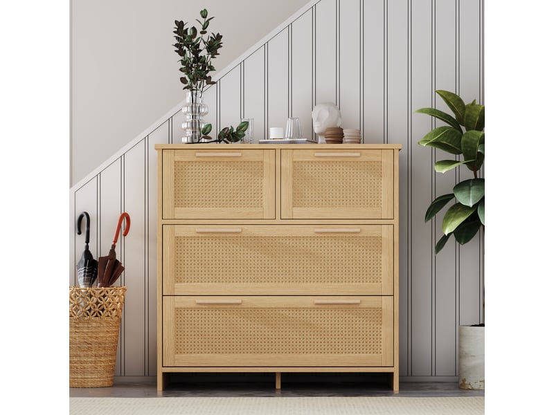  Commode 4 tiroirs en rotin avec rangement pour chambre en mdf 80×38×80 cm bois naturel  - Conforama C