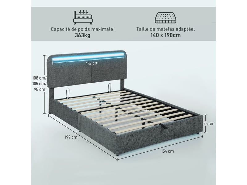  Lit coffre 140 x 190 cm avec éclairage led, tête de lit réglable, sommier à lattes en bois, cadre de lit double, gris  - Conforama C