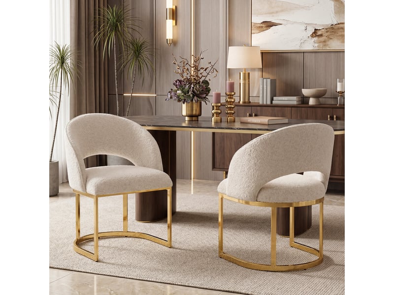  Chaises de salle à manger 2 pièces confortables respirantes style moderne pieds dorés boucle beige doré  - Conforama B