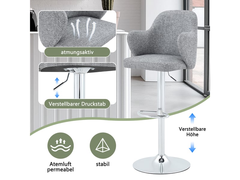  Tabourets de bar lot de 2 réglables et pivotants - lpospi - accoudoirs et repose-pieds, tissu gris - 88×49×54,5 cm  - Conforama E