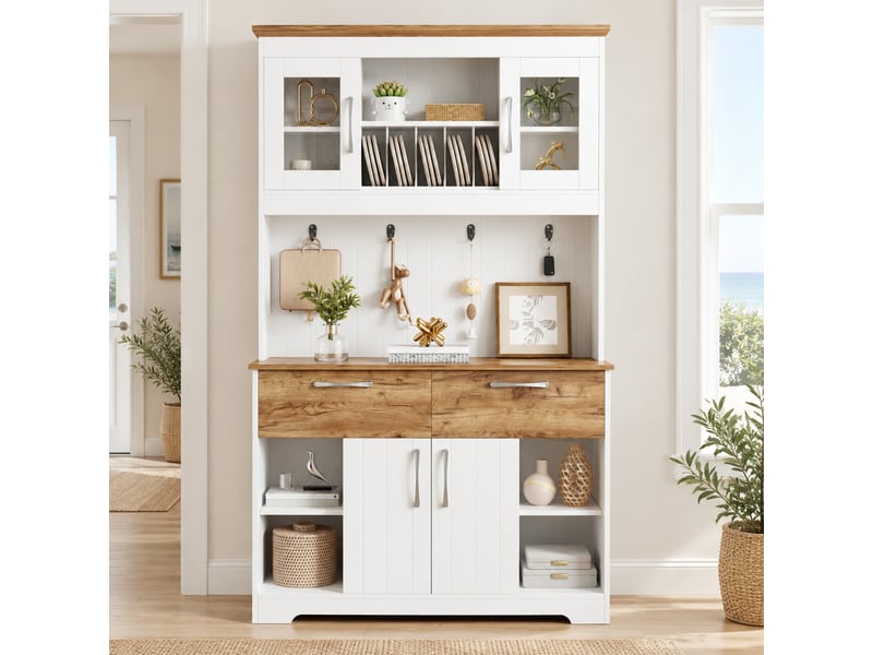  Buffet de cuisine avec vitrines, 2 tiroirs et crochets - lpospi - rangement, bois d’ingénierie blanc naturel  - Conforama C