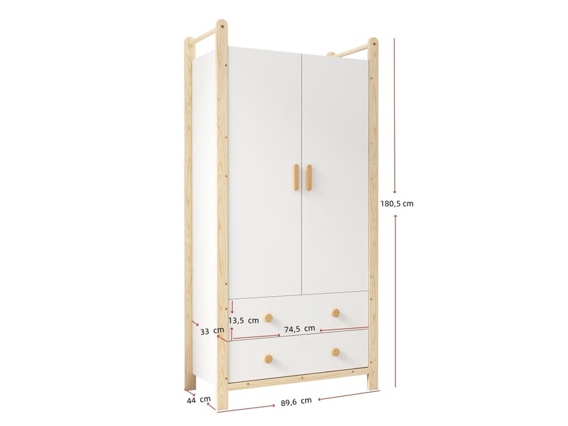  Armoire 2 portes avec penderie et 2 tiroirs, idéale pour une chambre, un salon ou une entrée. Fabriquée en panneaux de particules, structure blanche et cadre en pin. Dimensions : 90 × 45 × 180 cm.  - Conforama C