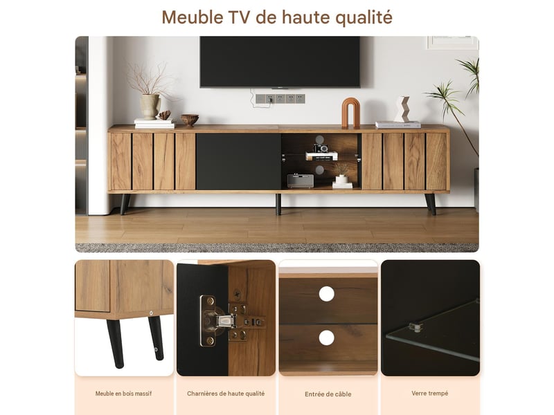  Meuble tv 3 portes en panneau de particules coloris naturel et noir 175x31,5x45 cm - pangivo  - Conforama D